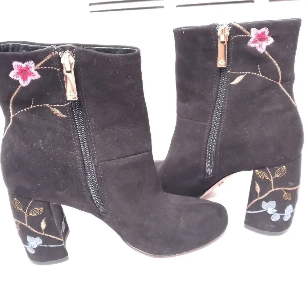 Nanette Lepore Black Suede Embroidered Lilly Ankle